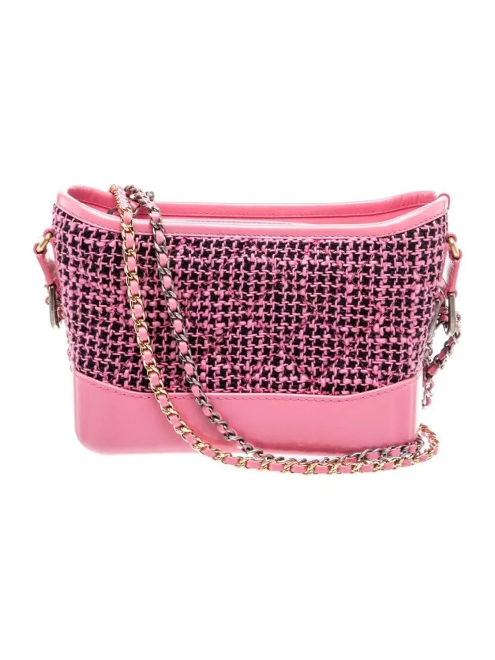 Chanel Small Gabrielle Pink Tweed Leather Trim Chain Tote Bag
